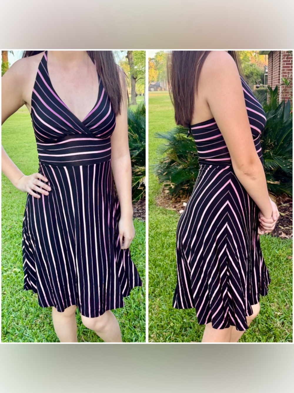 Vintage Y2K Halter Dress Black Pink Striped Fit & Flare Stretch Small